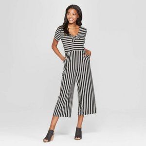 Striped Short Sleeve  Knit Jumpsuit Romper with pockets